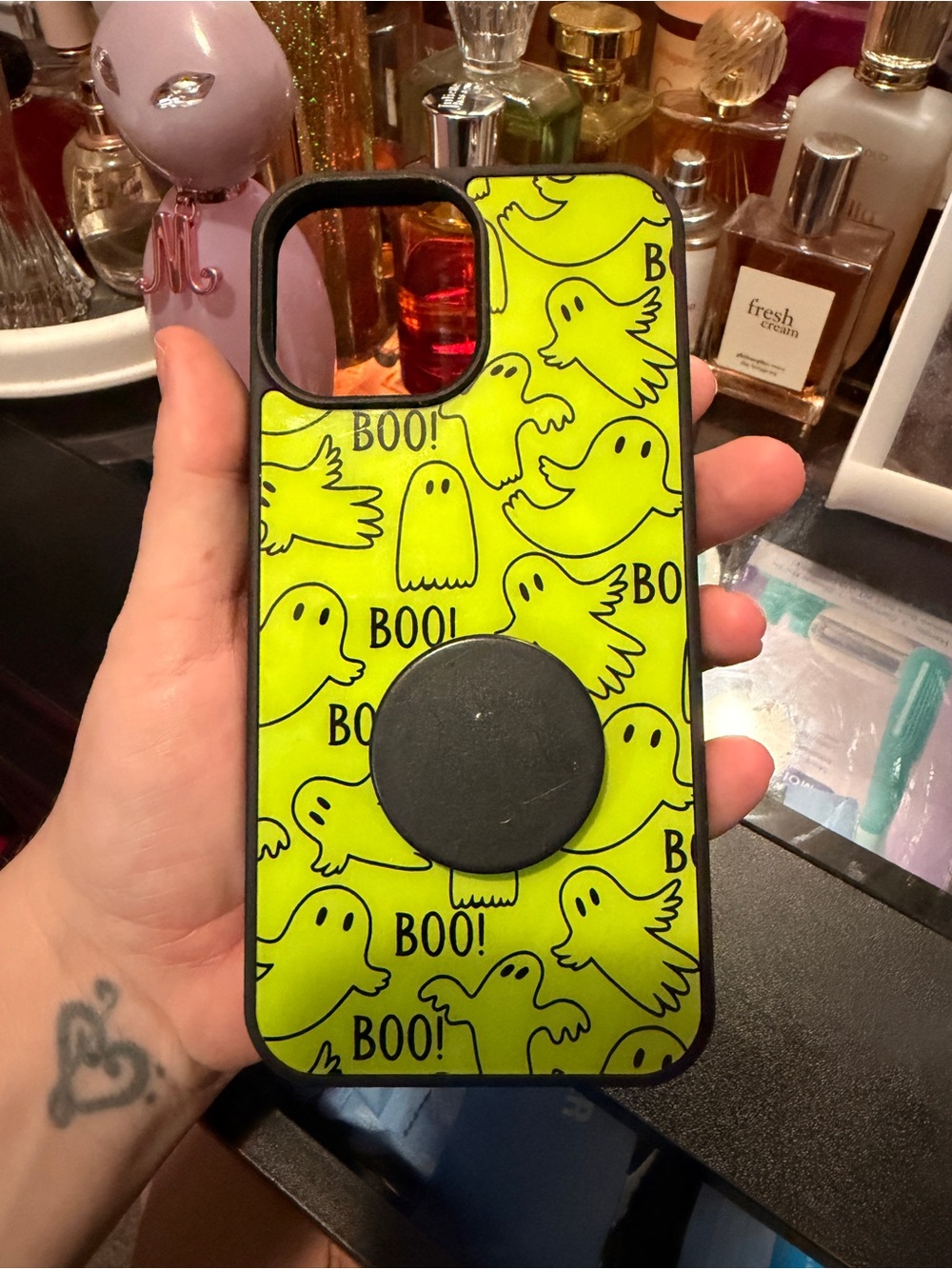 Neon Green Ghost Print Phone Case with Pop Grip by Pink Sky iPhone 13pro max